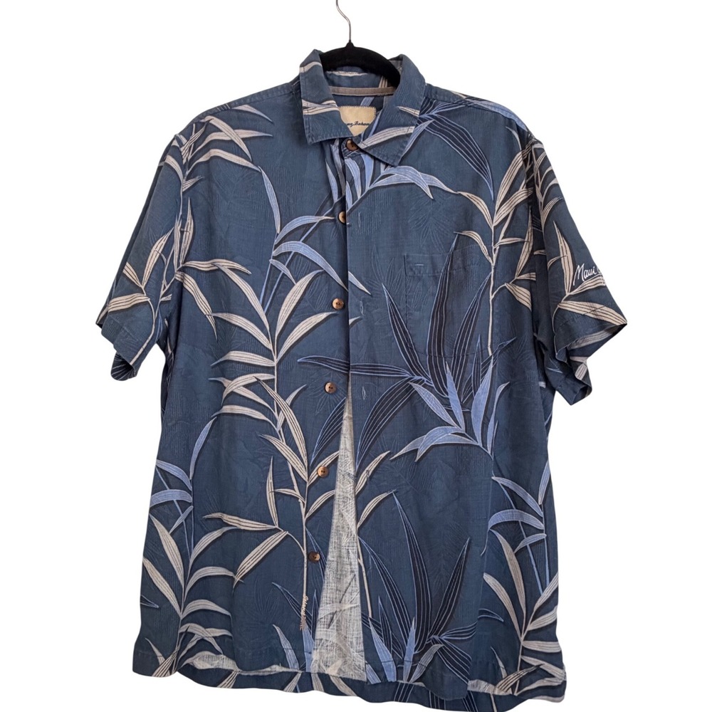 Tommy Bahama Maui Jim Mens Blue Silk Blend Tropical Leaf Camp Shirt L